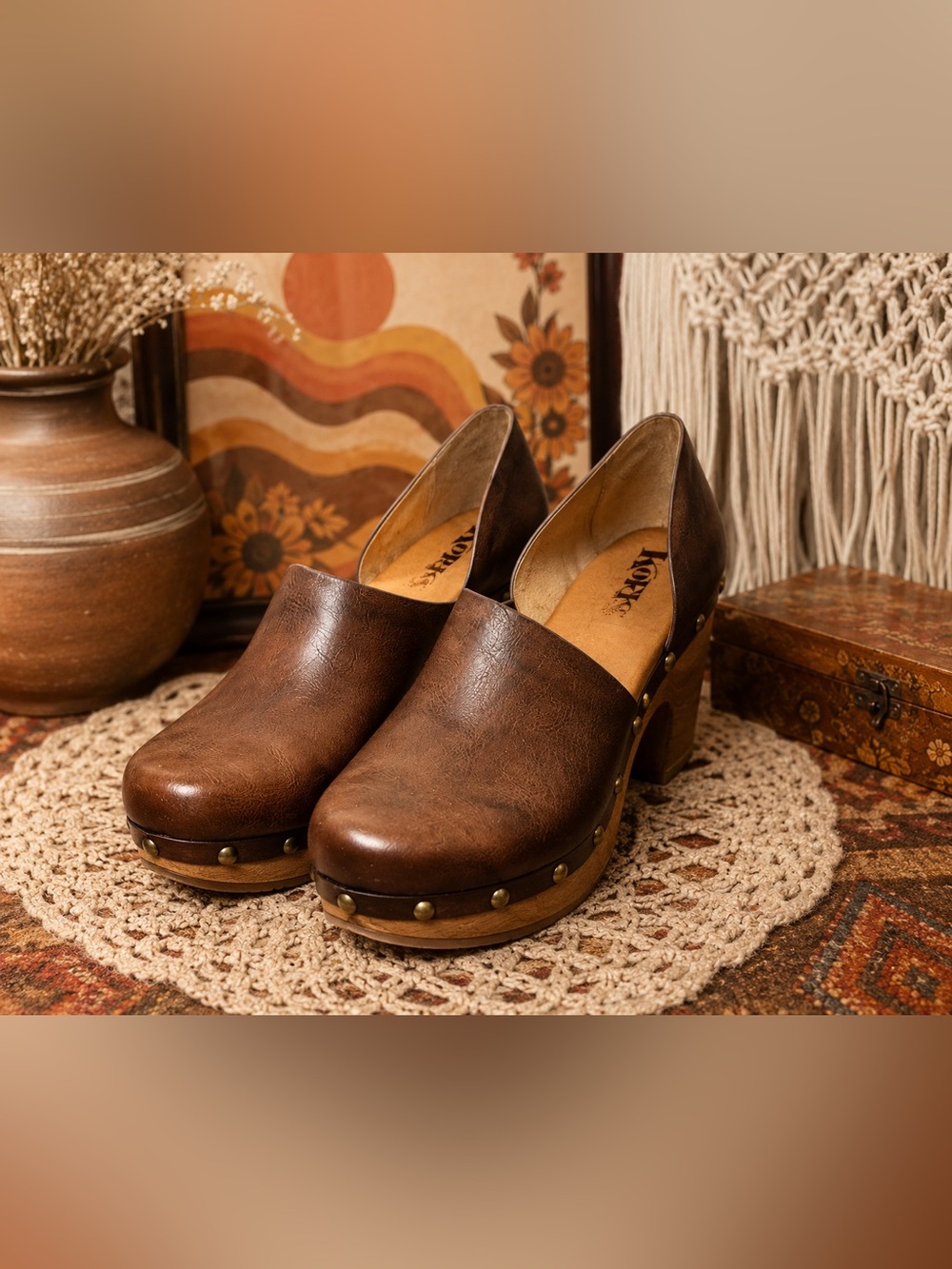 Korks Brown Faux Leather Studded Clogs